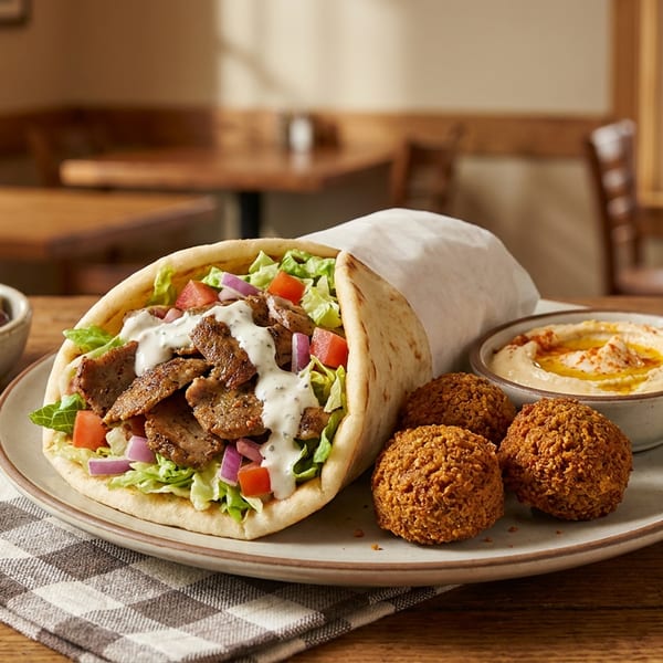 Gyro pita with meat, lettuce, tomatoes, and sauce, served with falafel, hummus, and olives.