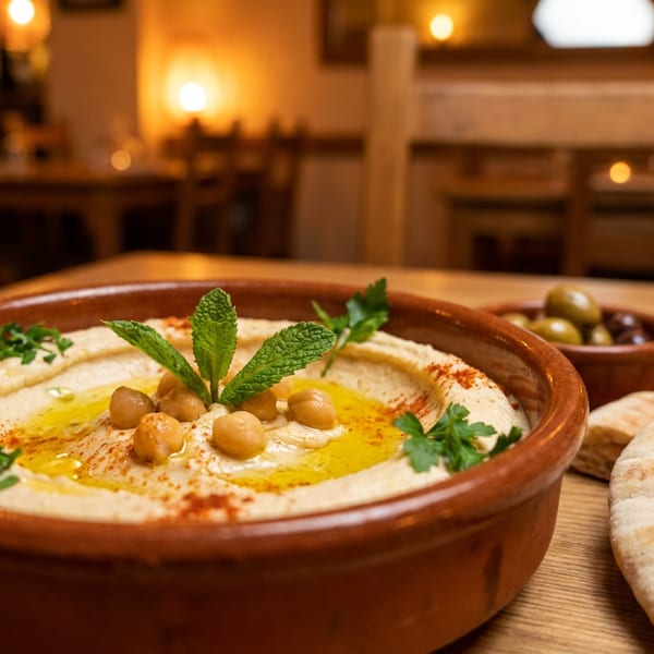 Hummus with chickpeas, mint, and paprika, served with pita bread and olives on a wooden table.