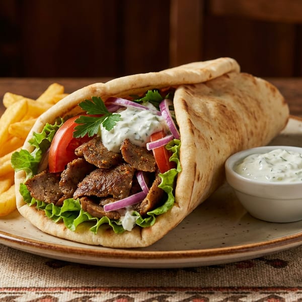 Gyro with meat, lettuce, tomatoes, onions, and tzatziki sauce, served with fries and a side of tzatziki.