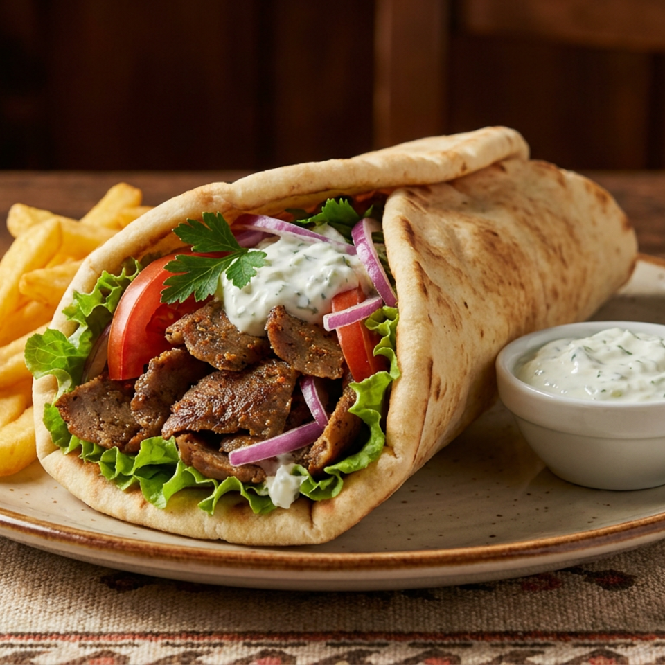 Gyro with meat, lettuce, tomatoes, onions, and tzatziki sauce, served with fries and a side of tzatziki.