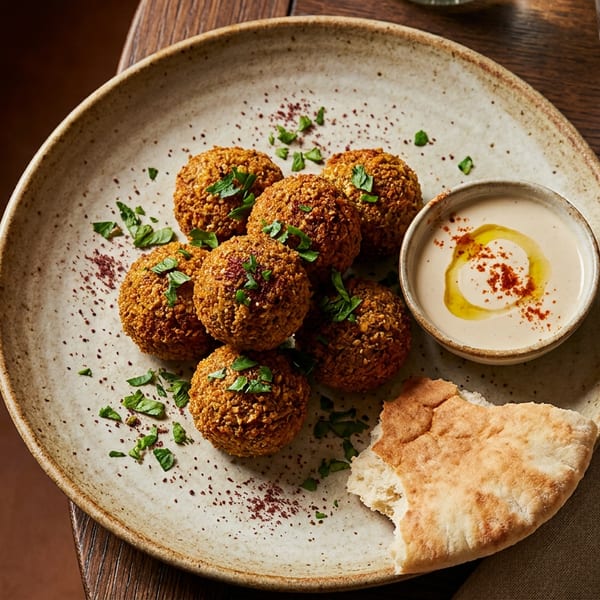A plate of falafel with hummus, pita bread, and a glass of water on a wooden table.