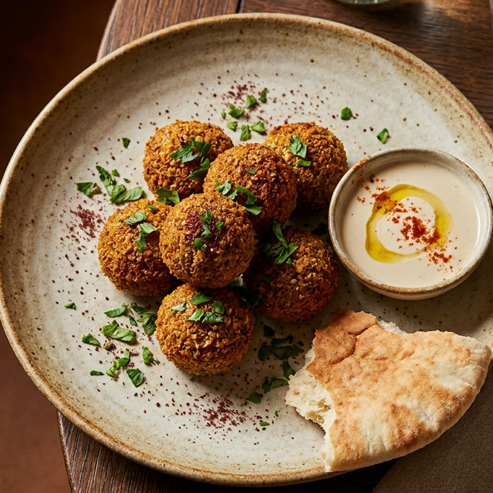 A plate of falafel with hummus, pita bread, and a glass of water on a wooden table.