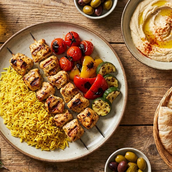Grilled chicken skewers, yellow rice, roasted vegetables, hummus, pita bread, and olives on a wooden table.