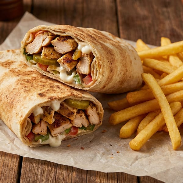 Two chicken shawarma wraps with fries, parsley, and a dipping sauce on a wooden table.