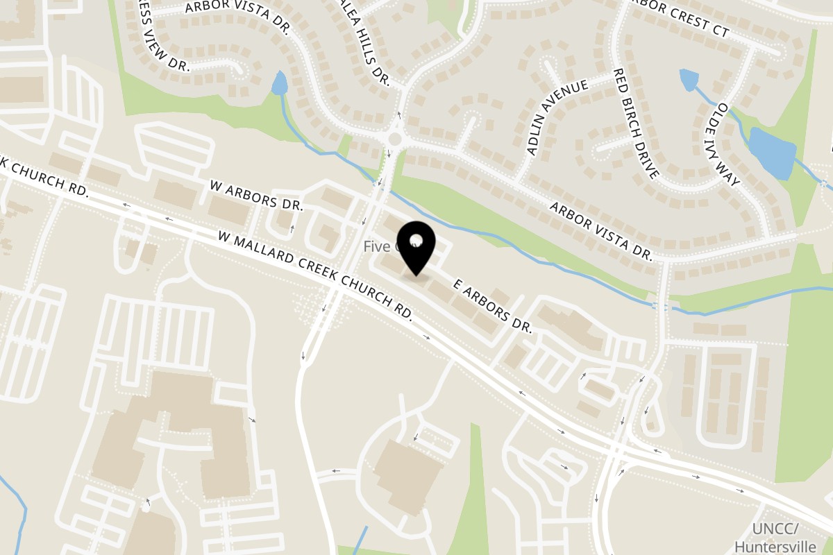 Map showing the location of Saffron Mediterranean Grill on 2115 E Arbors Dr #190 in Charlotte